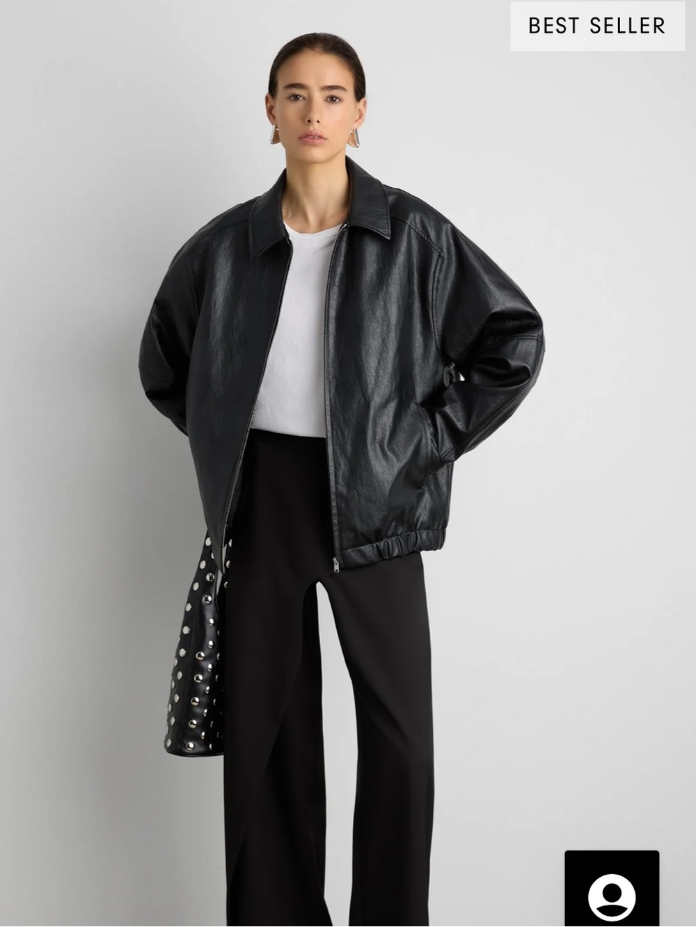 OAK + FORT Black Vegan Leather Bomber Jacket